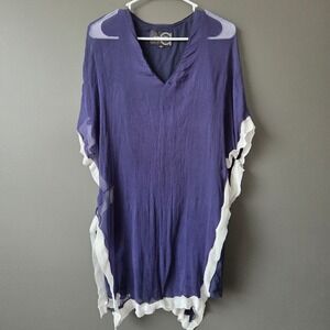 Analili Navy Blue 100% Silk Overlay Kaftan Dress White Ruffle Trim V-Neck XS S